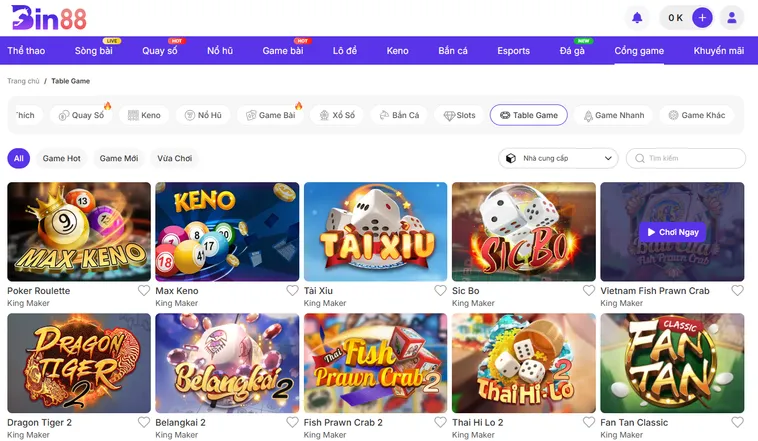 Sảnh Cá Cược Tại Table Game Bin88 Với Tỷ Lệ Thắng Khủng